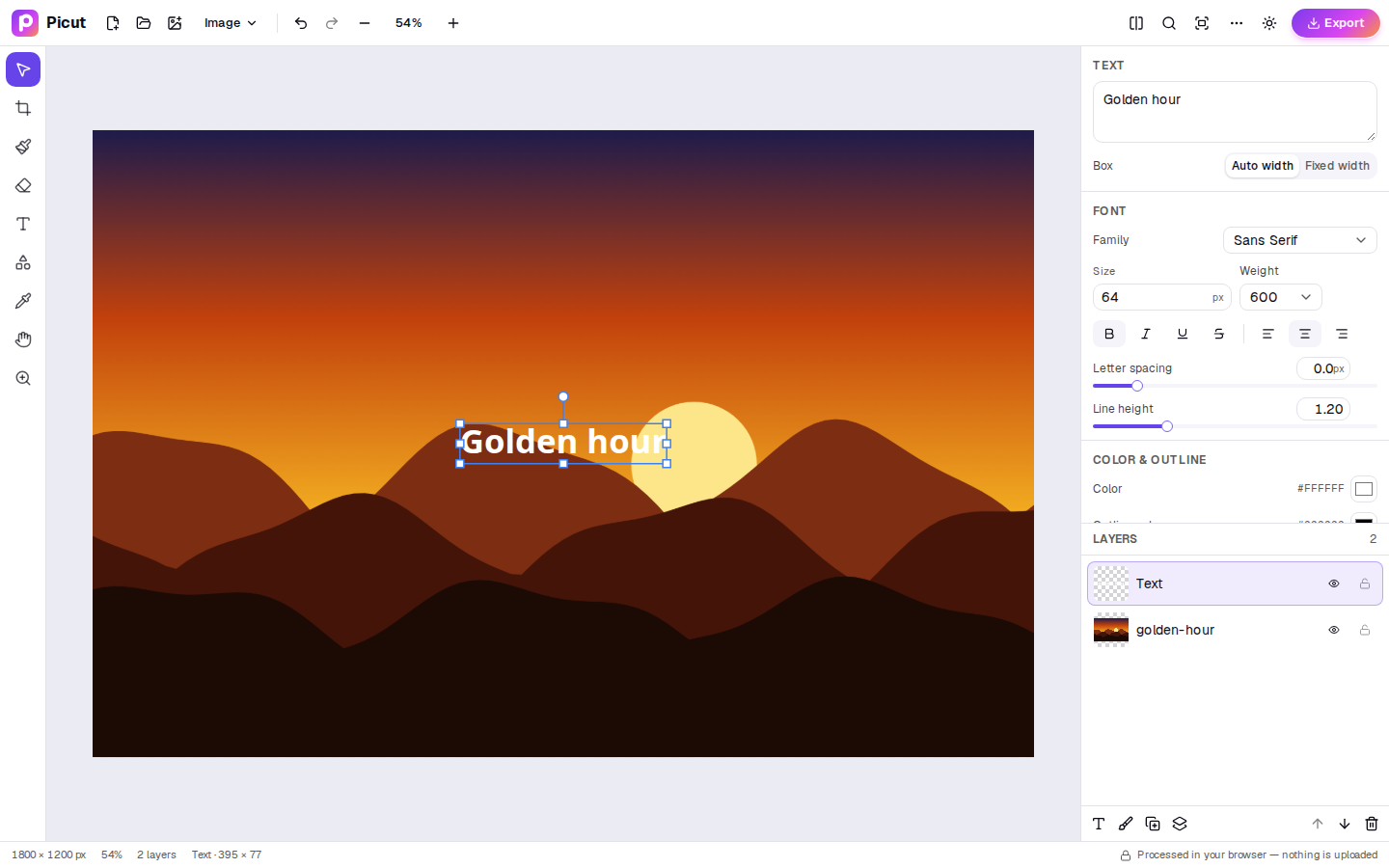 The Picut editor with a sunset photo open, showing the tool palette, canvas, text properties and the layers panel